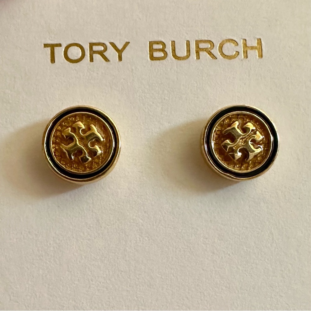 New Tory Burch Auth. KIRA GUILLOCHÉ CIRCLE-STUD EARRING; Gold/Black